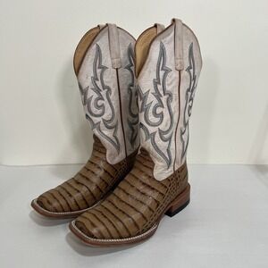 Macie Bean Womens Bleached Bone Leather Slick Rikki Caiman Cowboy Boots 7.5 M